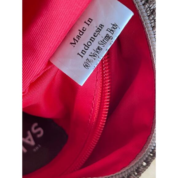 The Sak Brown Crochet Hobo Shoulder Bag Woven Nylon Purse Red Lining Boho - Picture 11 of 14